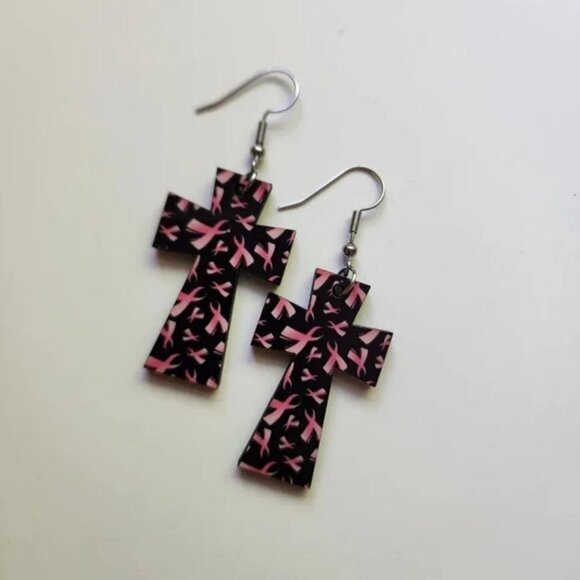 Pink Ribbon Wood Earrings - Picture 2 of 5